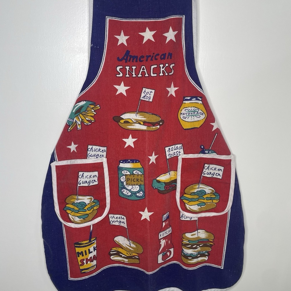 vntg late 80's graphic American bbq apron "American Snacks" extreme nostalgia.
